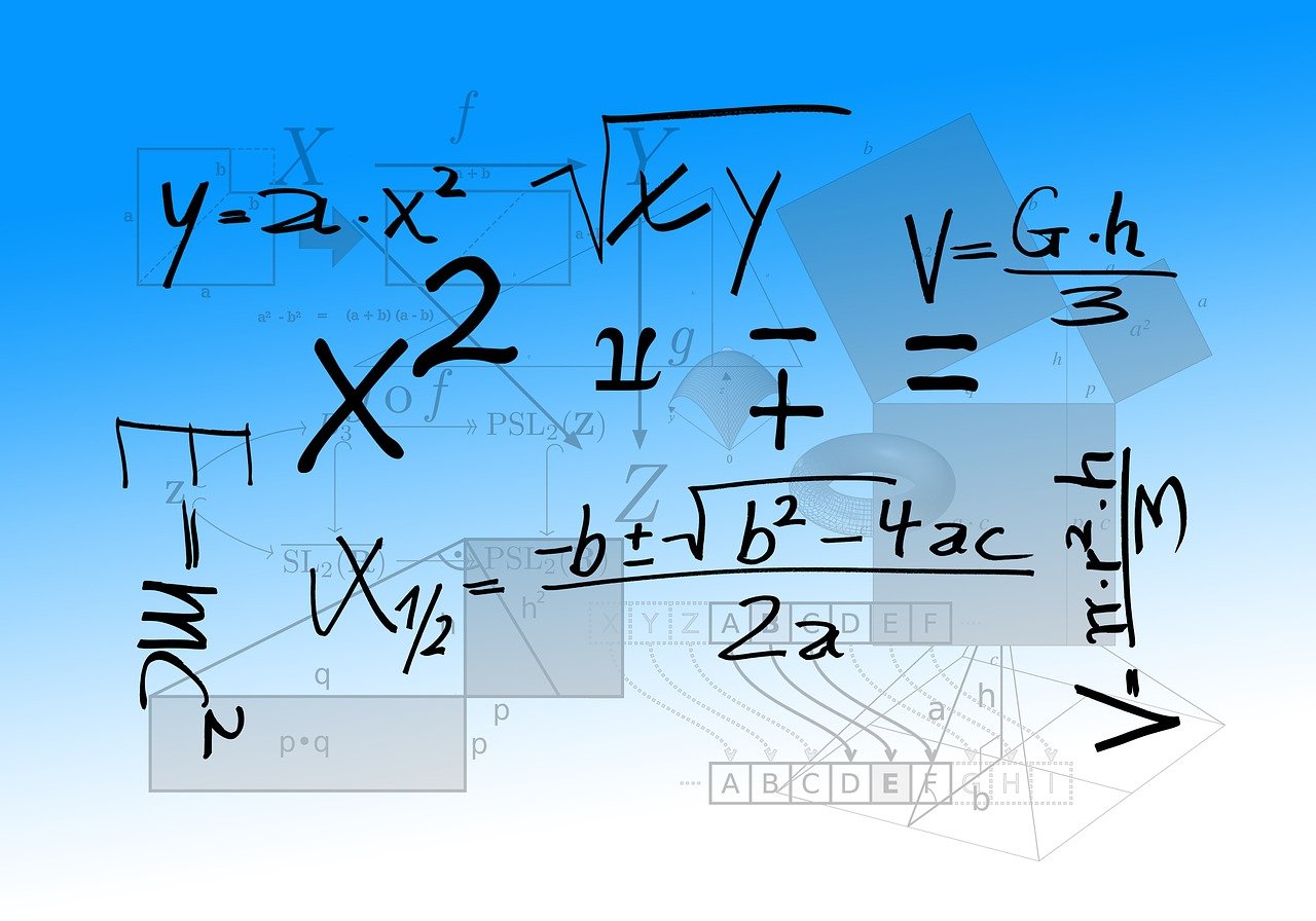 Algebraic formulae and equations on a white-blue background